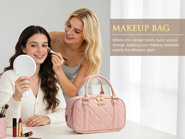 Bagstellar Wide-open  Makeup Bag, PU Leather Toiletry Bag for Women, Quilted Travel Bag Organizer Water-resistant Cosmetic Bag with Handle for Toiletries, Essentials, Accessories