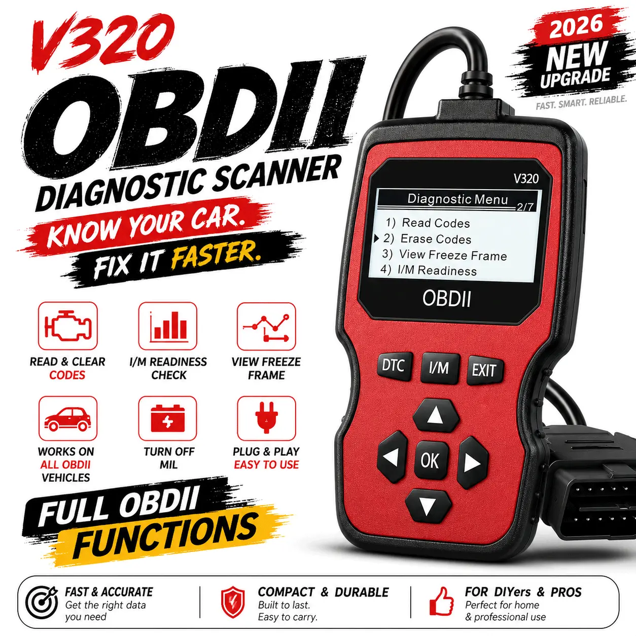 2026 Upgraded OBD2 Scanner Diagnostic Tool - Fault Code Reader, Battery Test, Full OBDII Compliance, Real-Time Data, DTC LookUp, Check Engine Light Scanner for 1996+ Vehicles (Battery-Free)