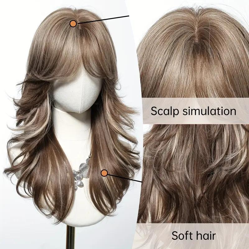 Elegant Brown to Blonde Ombre Hairpiece with Bangs Daily & Party Wear for All Ethnicities Handmade Wig Fluffy Synthetic Wigs Synthetic Braided Wig Highlight Bob Wig Frontal Wigs Black Wig