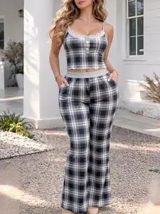Womens 2PCS Boho Lace Cami Crop Top & High Waist Wide Leg Pants Set with Pockets Plaid Grid Two Piece Outfit Summer Casual Lounge Pajama Set