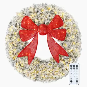 HOMCOM Flocked Pre-Lit Artificial Christmas Wreath with 3D Red Bow, 11 Lighting Modes, Front Door Christmas Wreath with Remote, 200 LED Lights, 702 Tips for Indoor Outdoor Holiday Decoration