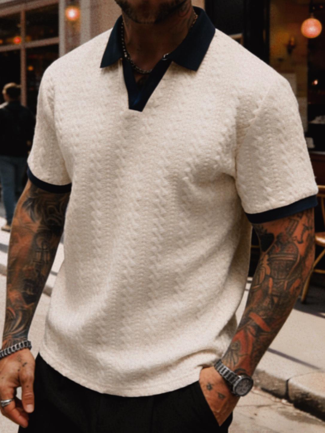 Men’s contrast-color short-sleeve casual commuter polo shirt Men’s knit polo shirt Cream-colored men’s polo shirt Men’s V-neck knit sweater Men’s short-sleeve knit polo shirt Men’s textured polo shirt Retro-style men’s polo shirt SpringStatements