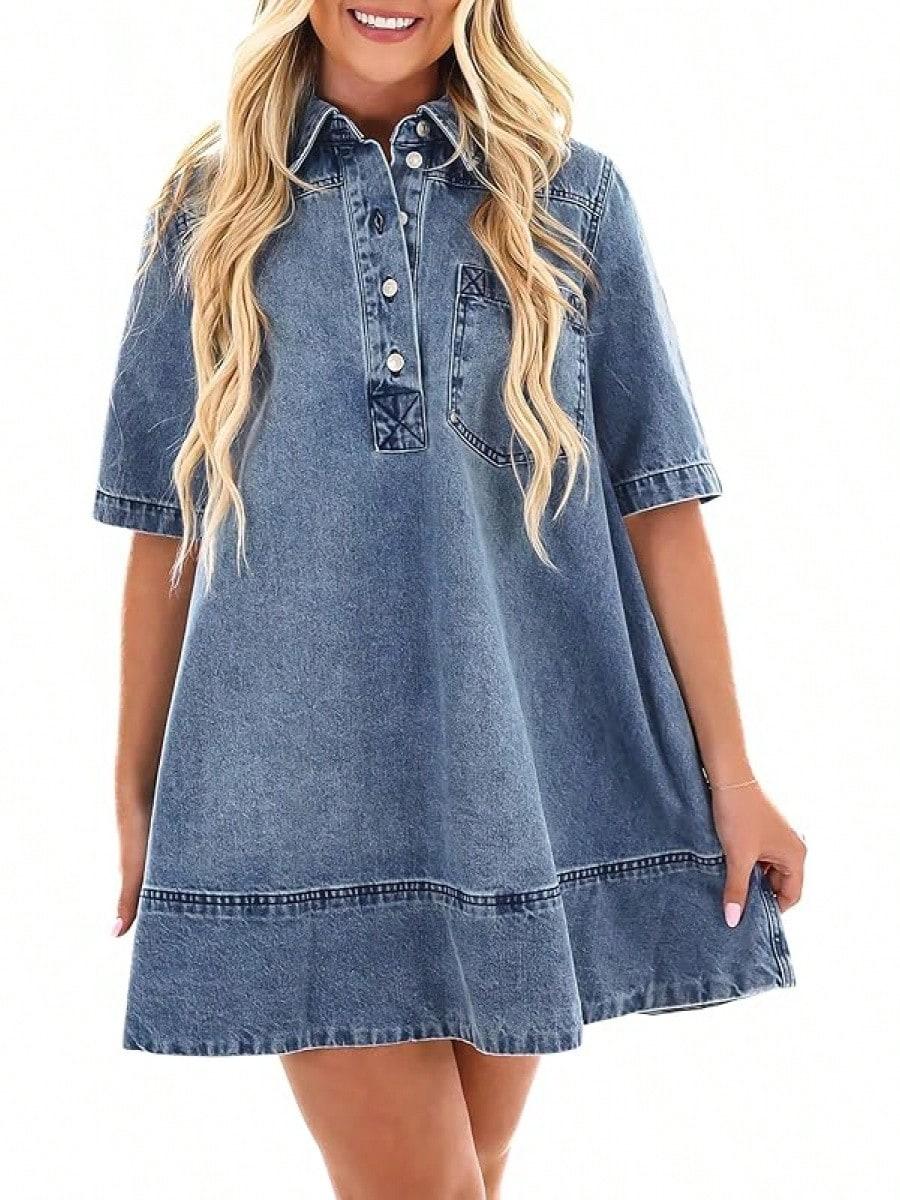 Elengatine Women's Denim Shirt Mini Dress - Short Sleeve A-Line Swing Fit with Button Half-Placket and Chest Pocket, Soft Washed Jean Fabric, Back Yoke with Pleated Detail for Extra Movement & Shape, Easy Throw-On Outfit for Summer Brunch