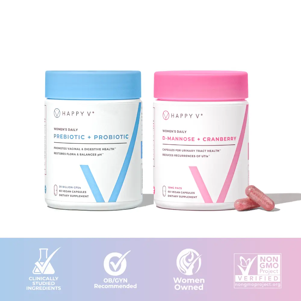 Happy V Foundationals Kit: Women's Prebiotic + Probiotic & D-Mannose + Cranberry for PH Balance, Flora Microbiome, UTI support