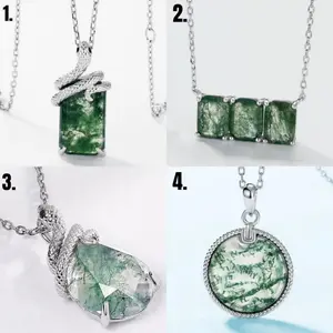 Rhodium 925 Sterling Silver Natural Moss Agate Luxury Pendant Necklaces