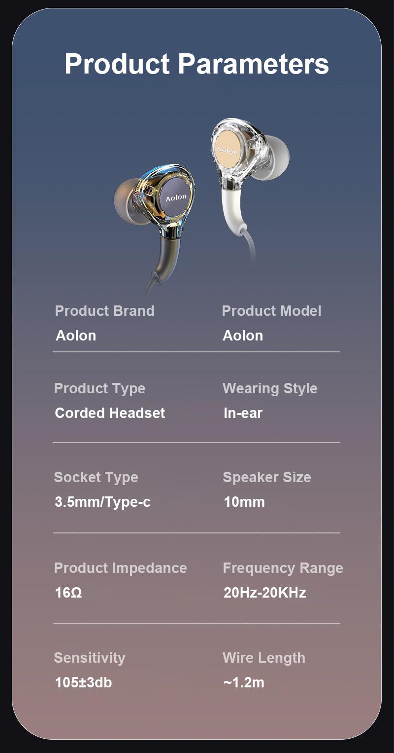 Aolon RM670 Wired Earphones with Hi-Fi lossless sound, 3.5mm connector, noise reduction, built-in HD microphone, stereo, 1.2m cable.