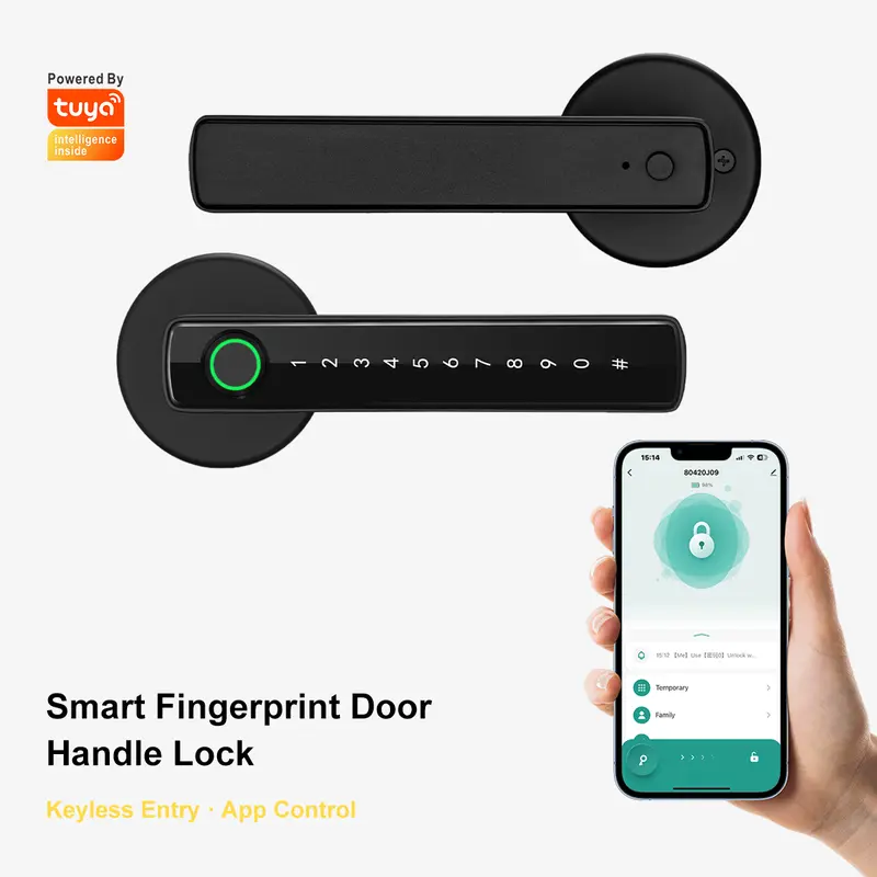 Smart Fingerprint Door Lock with Handle Keyless Entry 4-in-1 Card APP Backup Key Bedroom Home Privacy Apartment Local Data Storage