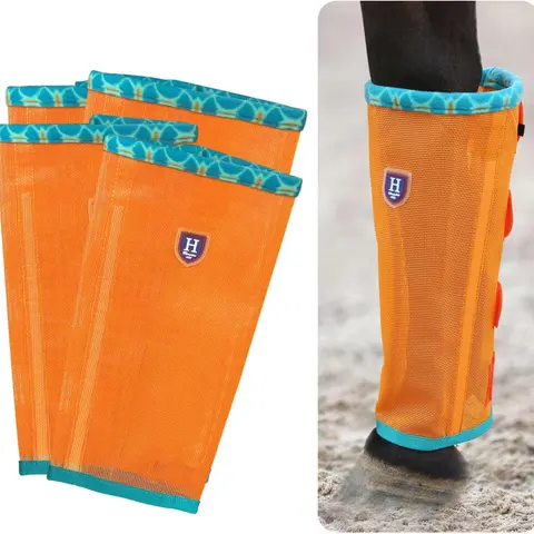 Harrison Howard Equestrian Mesh Fly Boots (Pack of 4) - Patterned Fleece Trimming, Anti-Rub Fleece, Ventilated, Tight-Gripping Fixation, Bend-Resist Stays, Stay Support, Fly-Block PVC, Reduces Stomping, Comfortable, Affordable Pasture Equestrian Supplies