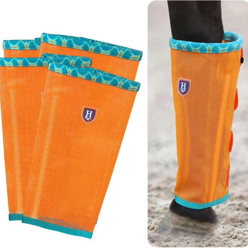 Harrison Howard Equestrian Mesh Fly Boots (Pack of 4) - Patterned Fleece Trimming, Anti-Rub Fleece, Ventilated, Tight-Gripping Fixation, Bend-Resist Stays, Stay Support, Fly-Block PVC, Reduces Stomping, Comfortable, Affordable Pasture Equestrian Supplies