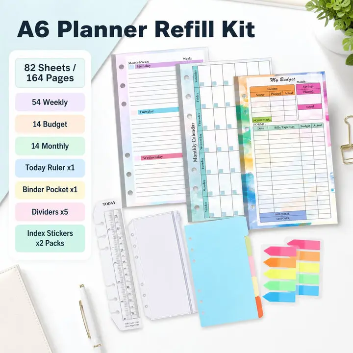 A6 6-Ring Calendar Planner Refill Kit, 14 Budget Tracker Paper Sheets, Weekly & Monthly Inserts, Colorful Flags, Daydream DIY Stickers for Organization in Refillable Binders, Office Stationery Accessory