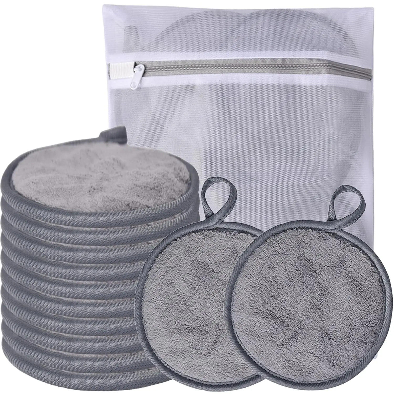 Reusable Facial Makeup Remover Pads - 12-Pack 5-Inch Round Microfiber Gentle Face Care for Sensitive Skin, Hypoallergenic Exfoliating Reusable Pads with Storage Bag to Smooth Skin