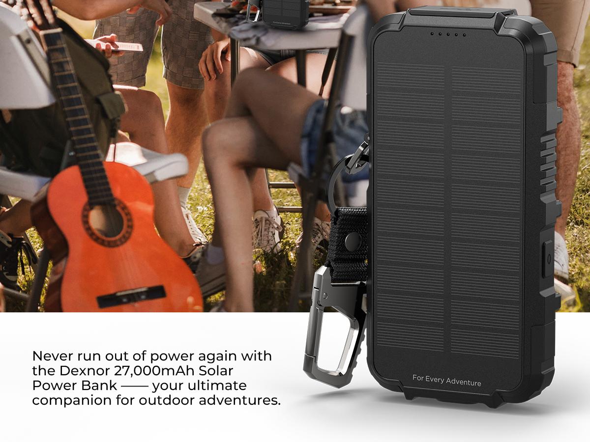 Dexnor 27,000mAh Solar Power Bank Portable Charger, Fast Charging External Battery Pack with LED Flashlight, 3 Ports & Wireless Charging for Phone, Tablets, Laptops for Camping, Travel & Emergency