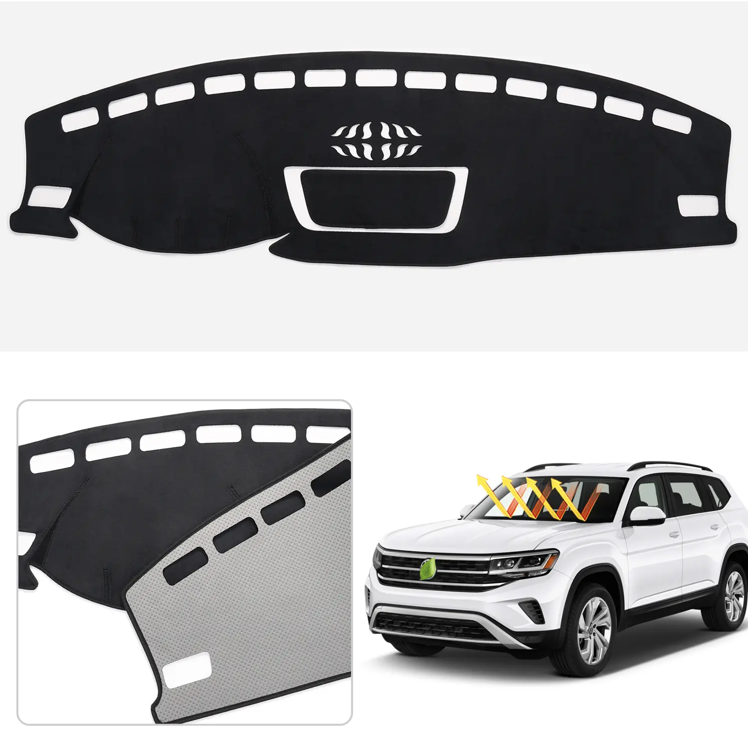 Canvcle Nonslip Dashboard Cover Mat for 2018-2023 Volkswagen Atlas, 2018-2023 VW Atlas Cross Sport - No Adhesives Required Bonded Fabric Accessory with Sun Protection, Heat Absorption, Exact Sensor & Vent Cutouts, Warping Prevention