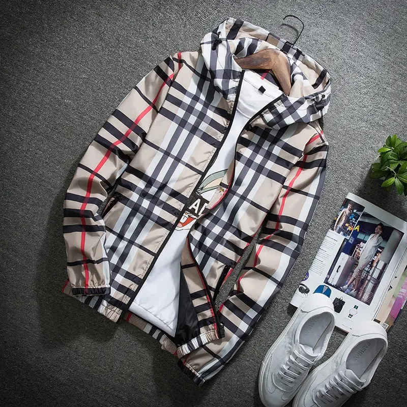 Men’s lightweight hooded jacket (with a stand collar option), zip-up windbreaker featuring adjustable drawstring and color-block stripe design, spring/autumn fashion style, men’s jacket, men’s outerwear, stylish khaki plaid pattern sohochic