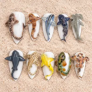 Handmade 3D Shark & Stingray Press on Nails | Realistic Ocean Creature Nails | Unique Edgy Reusable Fake Nails