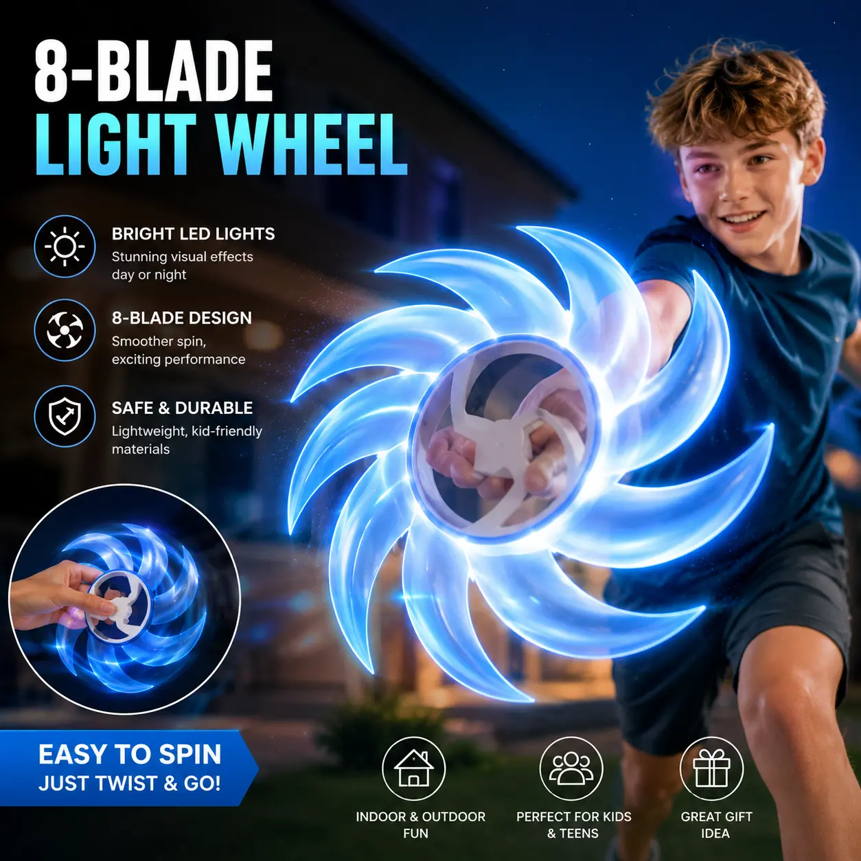 8-Blade LED Light Up Spinning Wheel Toy, Ultra Bright Glowing Hand Flying Spin Wheel, Smooth Spinning Durable Lightweight Flying Toy, Indoor Outdoor Night Game Gift for Kids, Teens, Boys & Girls