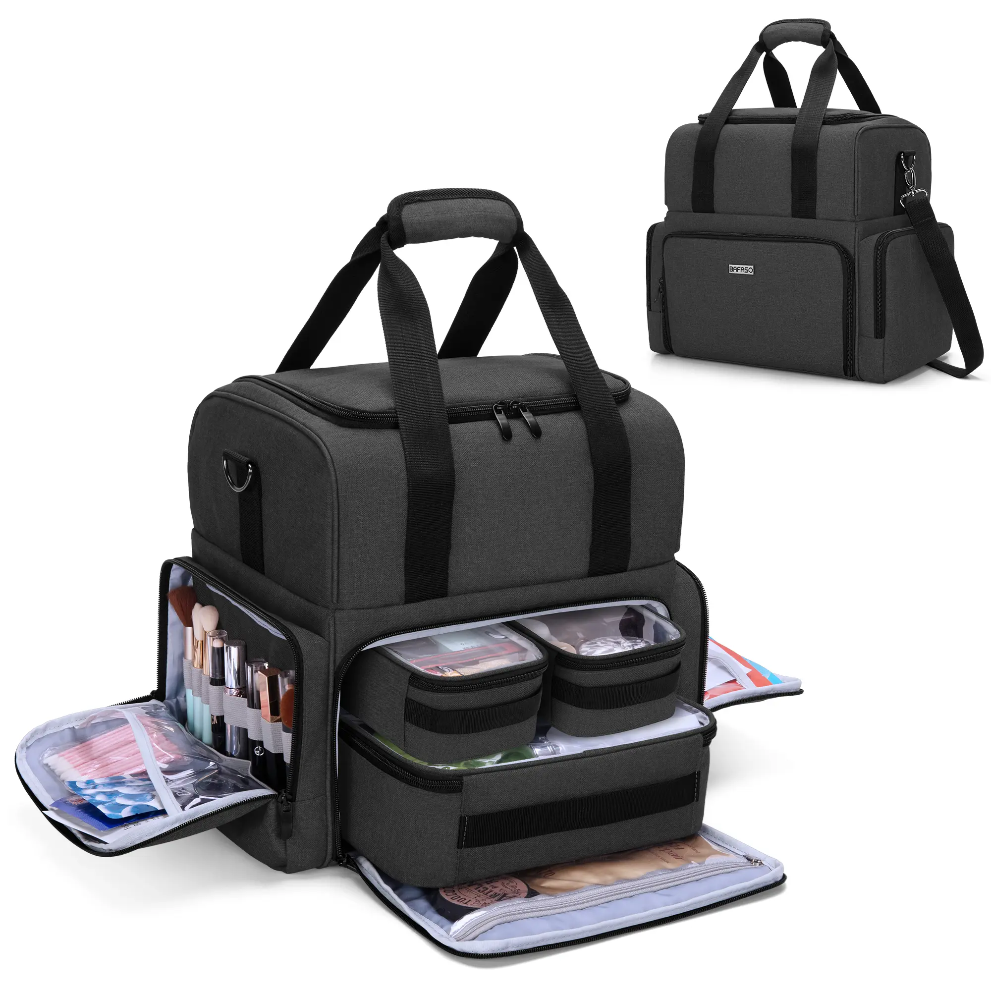 Large 2-Layer Makeup Travel Organizer, Professional Nylon Cosmetic Case with 3 Removable Pouches and Detachable Dividers, Vanity Organization, Beauty Storage Solutions, International Travel, Thick Inner Guard, Makeup Organizer Bag, Cosmetic Travel