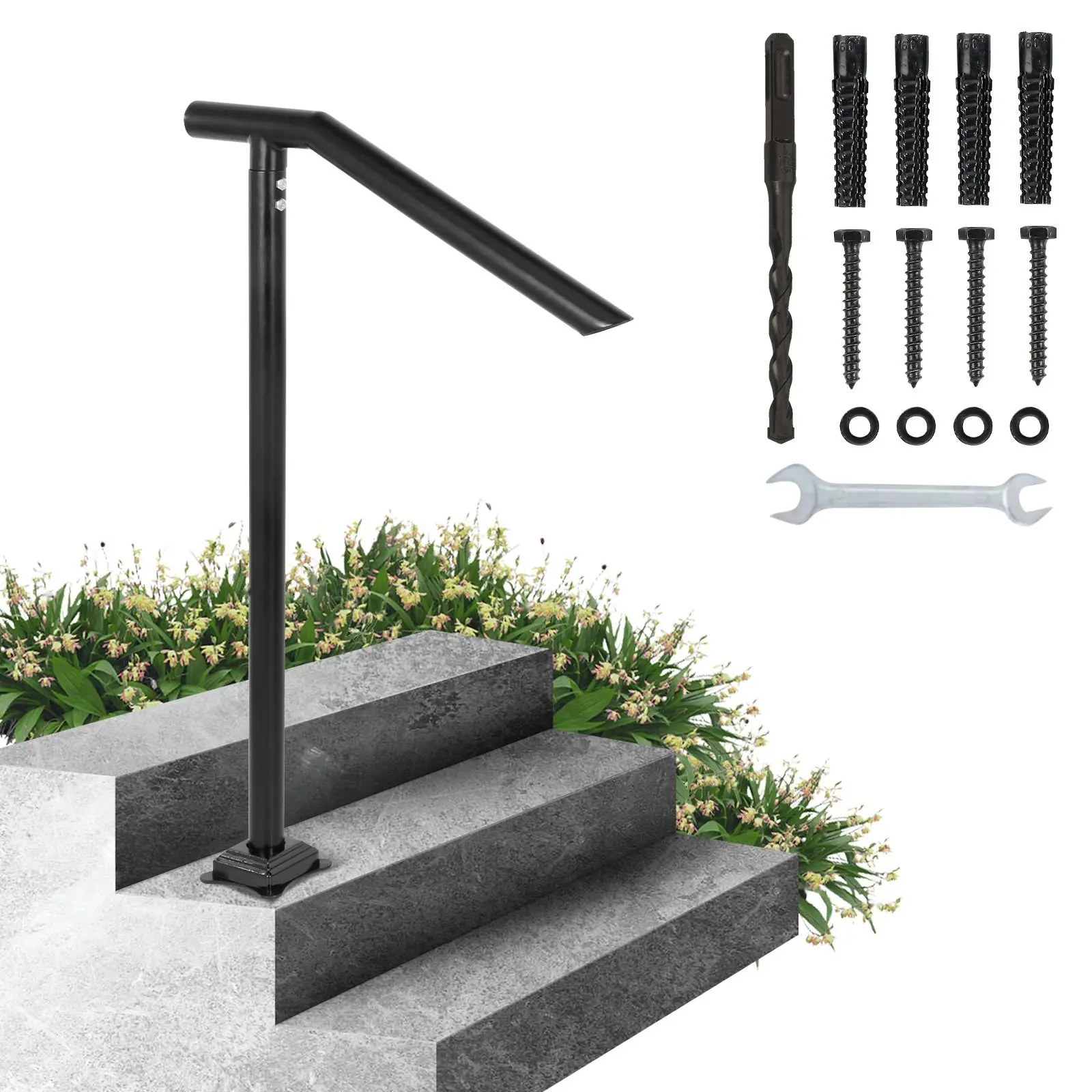 3-Foot Iron Stair Railing, Floor Mounted Handrail For Steps, Sturdy Black Arched Balustrade For Indoor And Outdoor Use, Suitable For 2 To 3 Steps, Easy Assembly With Mounting Hardware Included