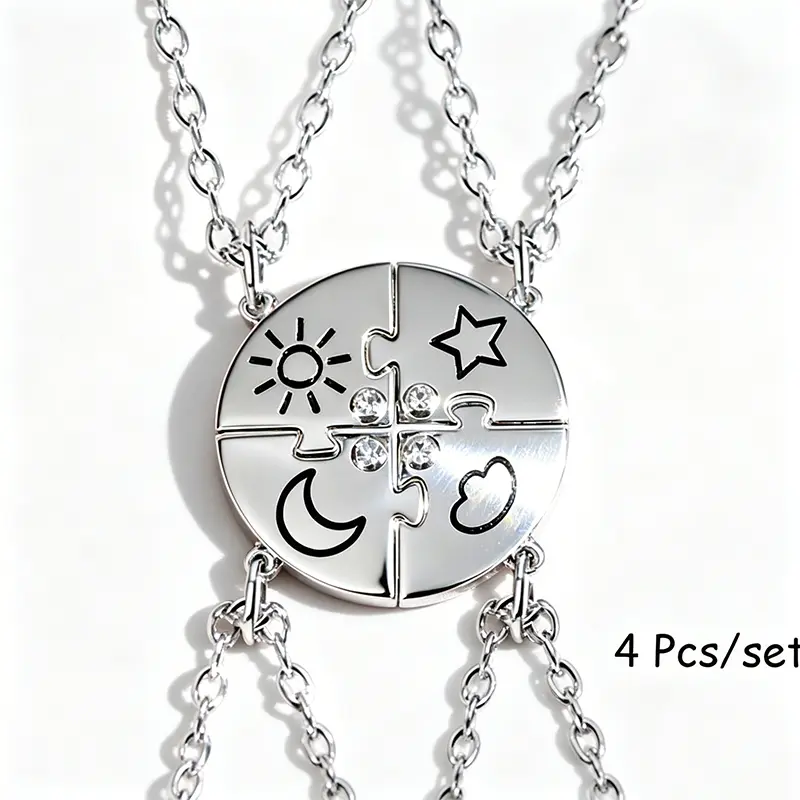 Women's 4-Piece BFF Assorted Necklaces Set - Sun, Moon, Star, Cloud Bling Pendants, Elegant Rhinestone Necklace, Casual Indoor Recreation Exquisite Jewelry Gift, Birthday Gift Jewelry for Best Friends, Graduation