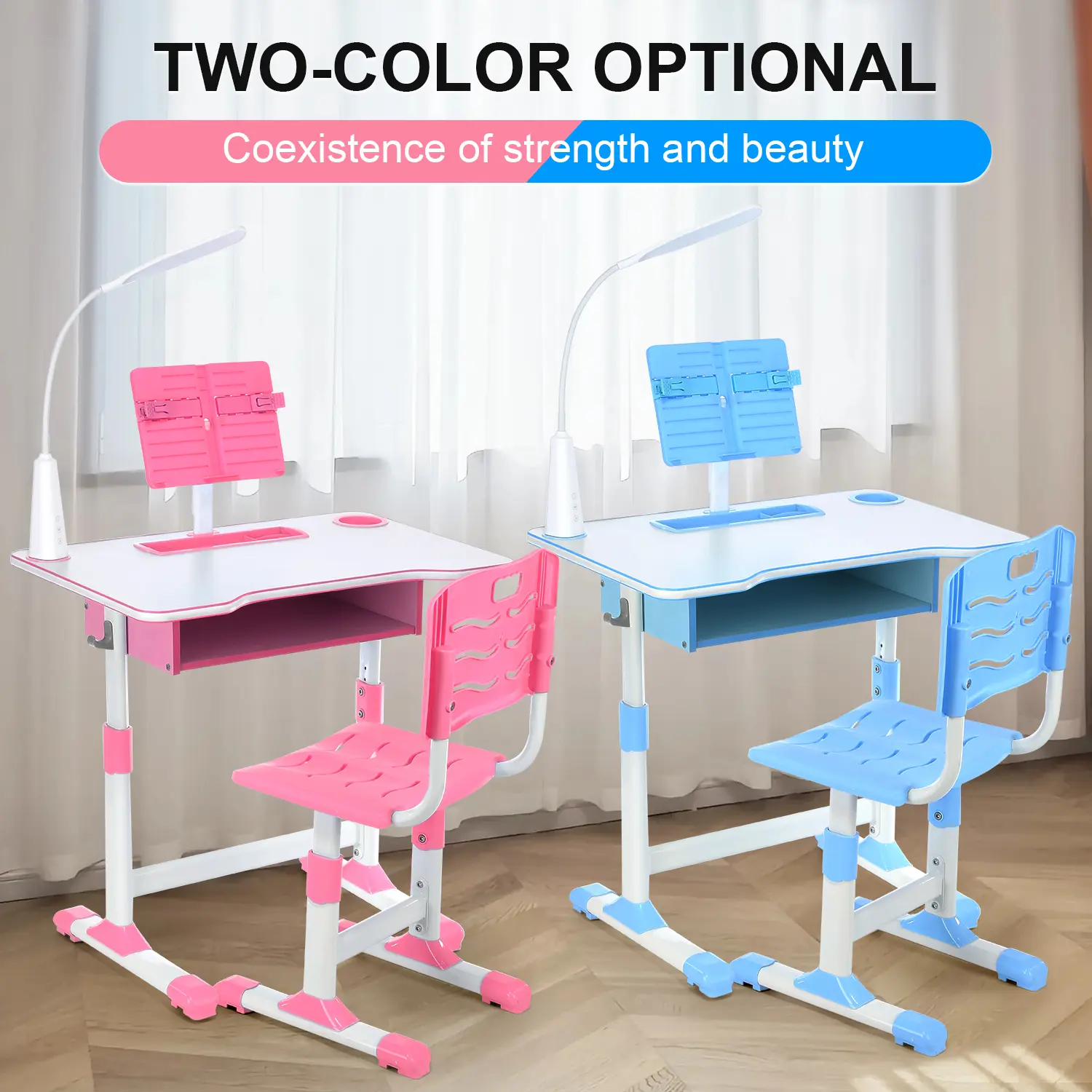 OYAJIA Modern Adjustable Plastic Desk and Chair Set with Storage, Led Lamp, 13.8-16.1in Seat, 14.6x11.8in Reading Surface - Indoor Home Furniture, Pink/Blue for Kids