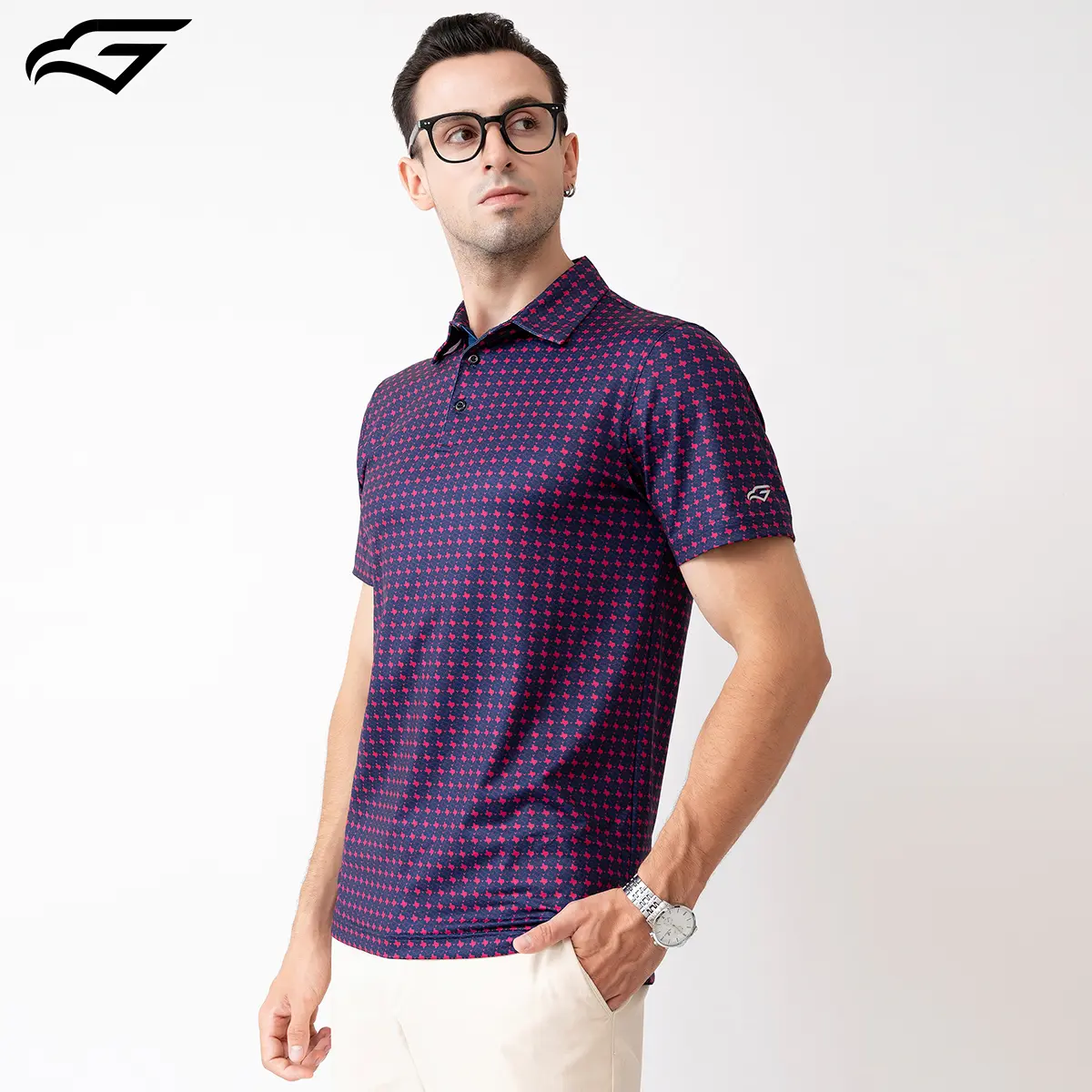 GORENZI Men's Short Sleeve Moisture-Wicking Collared Polo Golf Shirt, Smart Casual Style, Purple Texas Bull Pattern Dri-Fit Top for Men, Button Front, Office Wear, Quick Dry, Uv-Protective, Casual Sport Shirt, Stretch