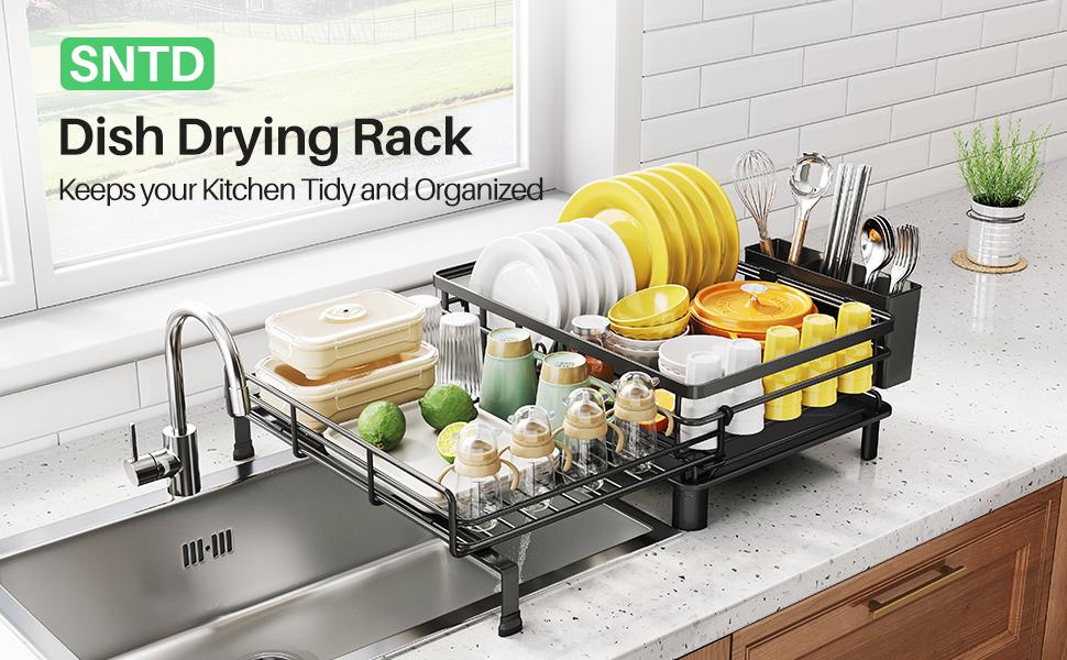 SNTD Dish Drying Rack - Extendable Dish Rack, Large Sink Drying Dish Drainer for Kitchen Counter, Stainless Steel Dish Strainer with Utensil Holder