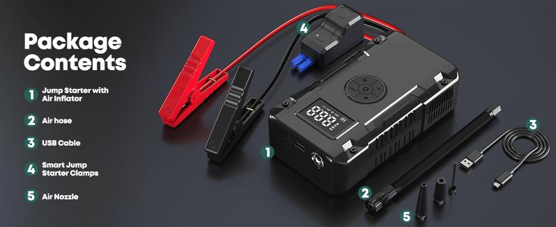 1pc 5-in-1 Jump Starter with Air Compressor-5000A Peak Power, 150PSI Digital Tire Inflator, ABS Material, USB Rechargeable, for Gas/Diesel Vehicles, Portable with LED Emergency Lighting, Auto Shut-Off, Tire Pressure Detection & Adjustment, Quick Charge