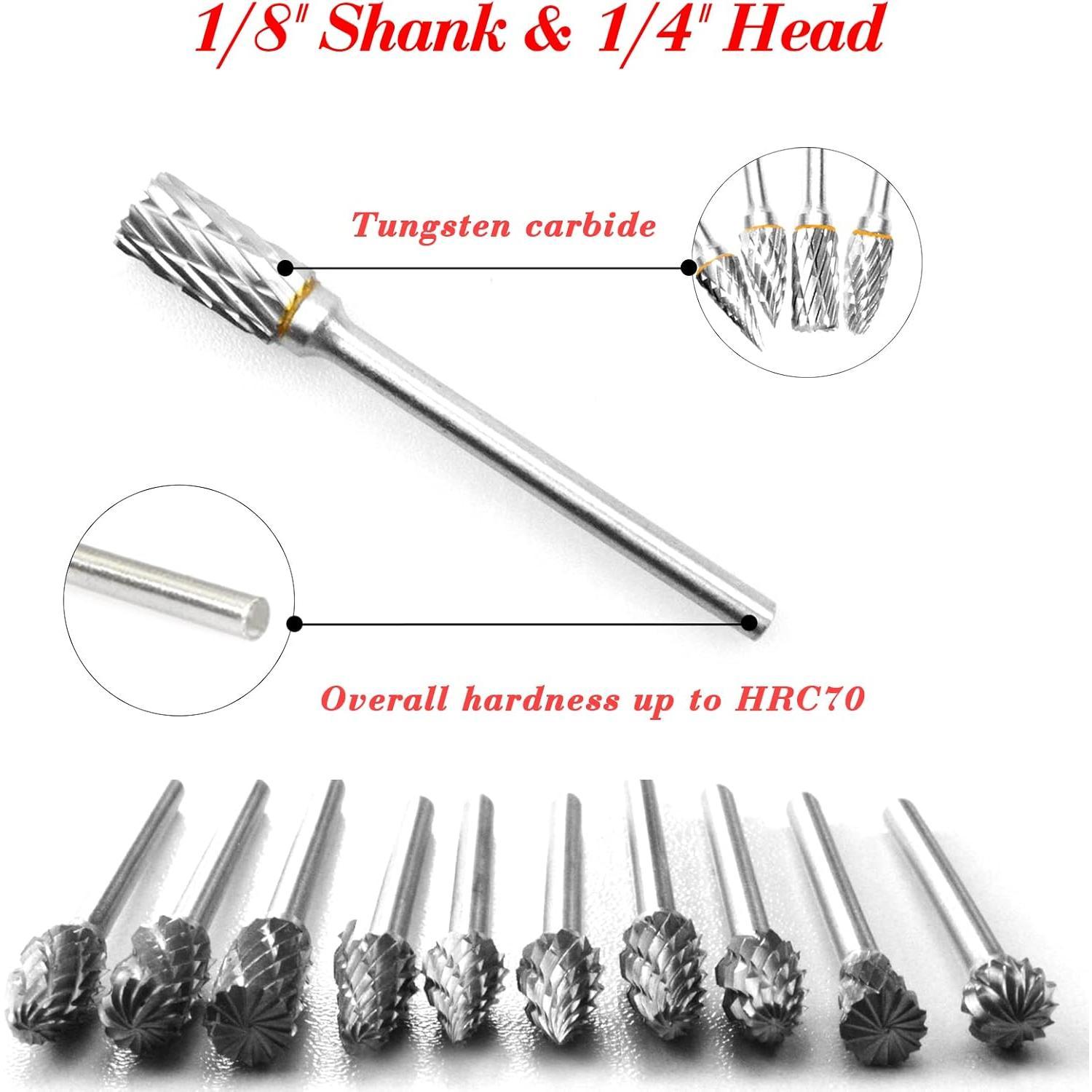Tungsten Carbide Rotary Burr Set - 10 Count Double Cut Carving Burr Bits 1/8" Shank 1/4" Grinding for DIY Carving Metal Polishing Engraving Drilling