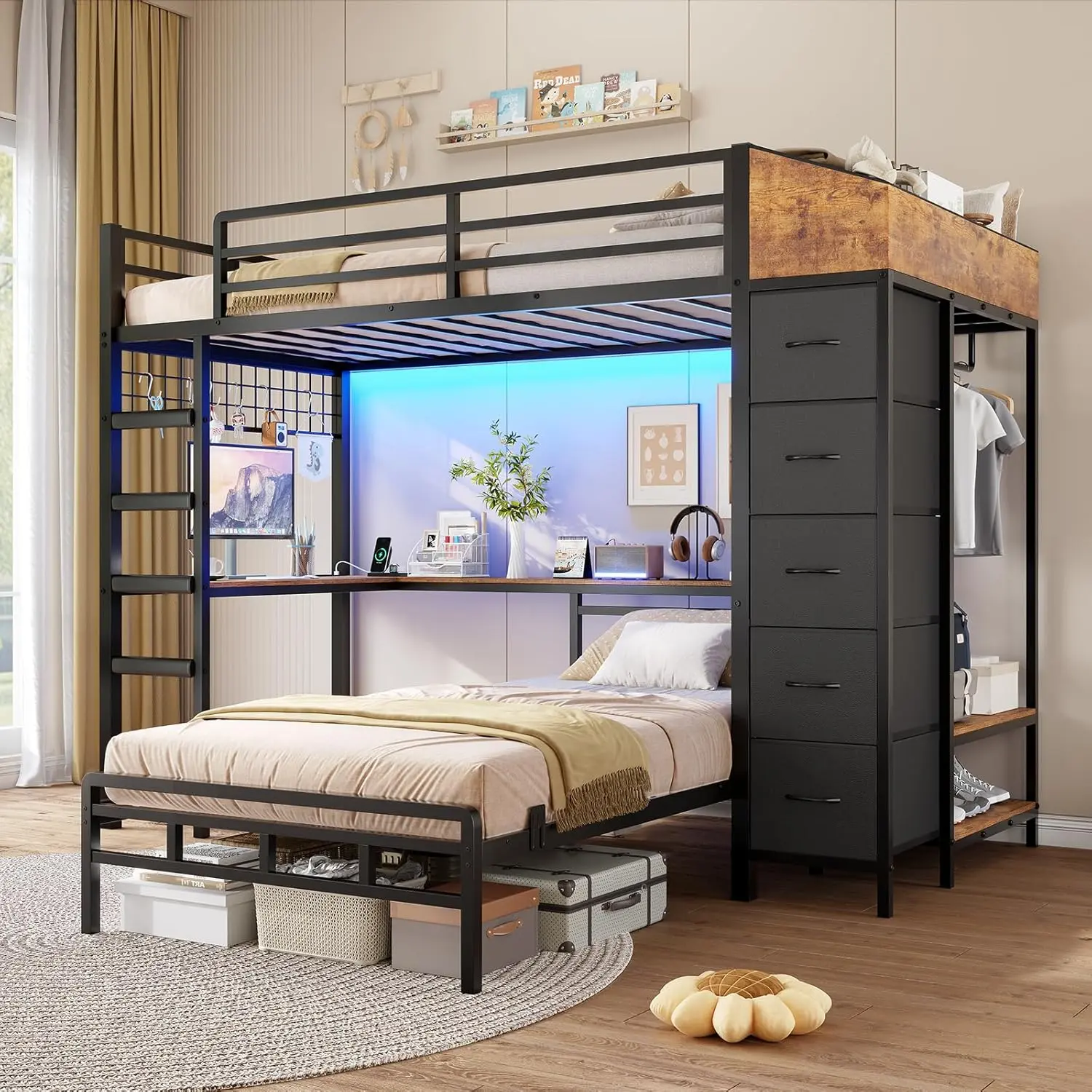 VIAGDO Bunk Bed Twin Over Twin with Hall Tree, Charging Station and LED Lights, L-Shaped Bunk Bed with Desk, 5 Storage Drawers, Twin Bunk Beds with Guardrail & Stairs, No Box Spring Needed, Black