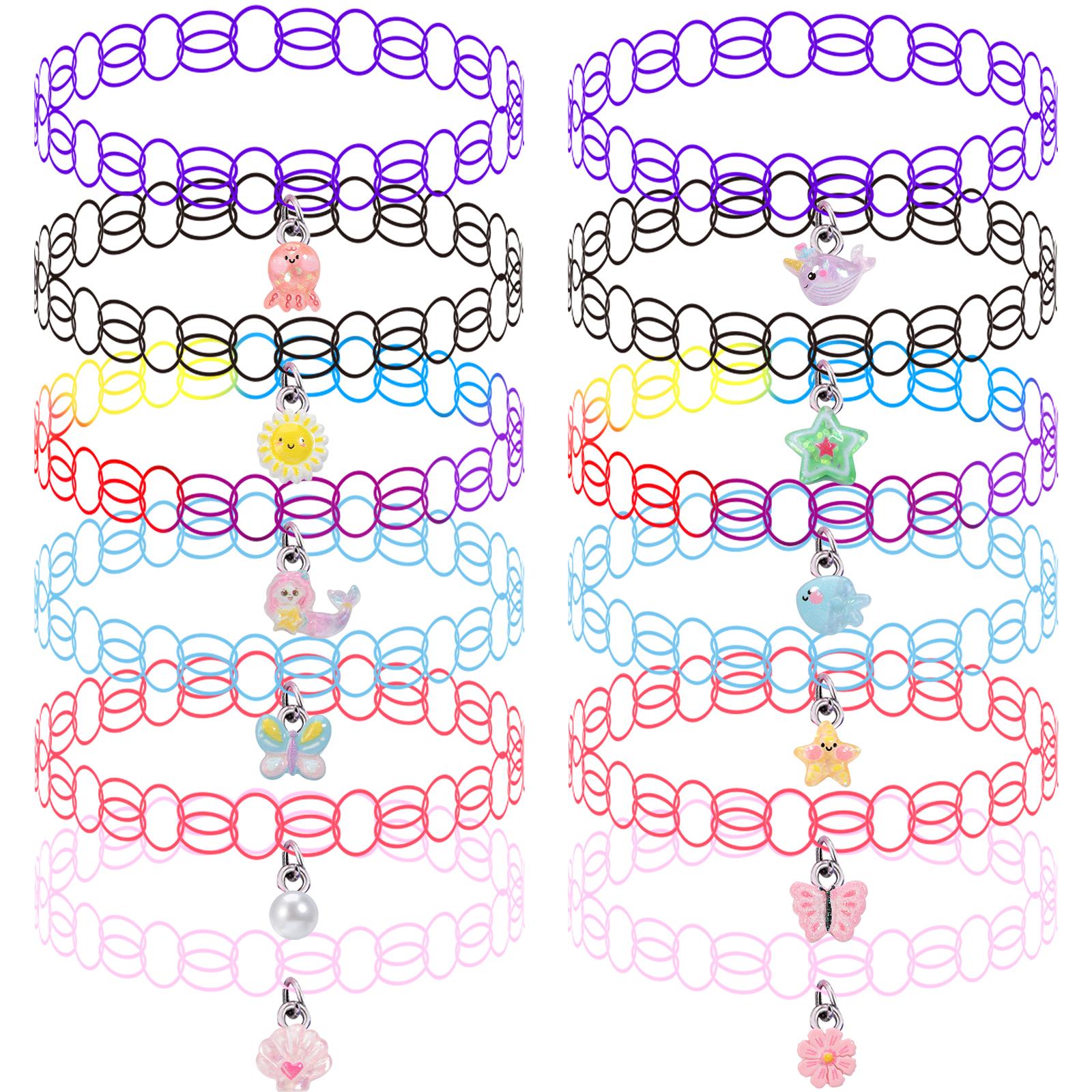 Pinksheep 12Pcs Choker Necklace Set, Pendant Charm Chokers Henna Tattoo Stretch Elastic for Dress up