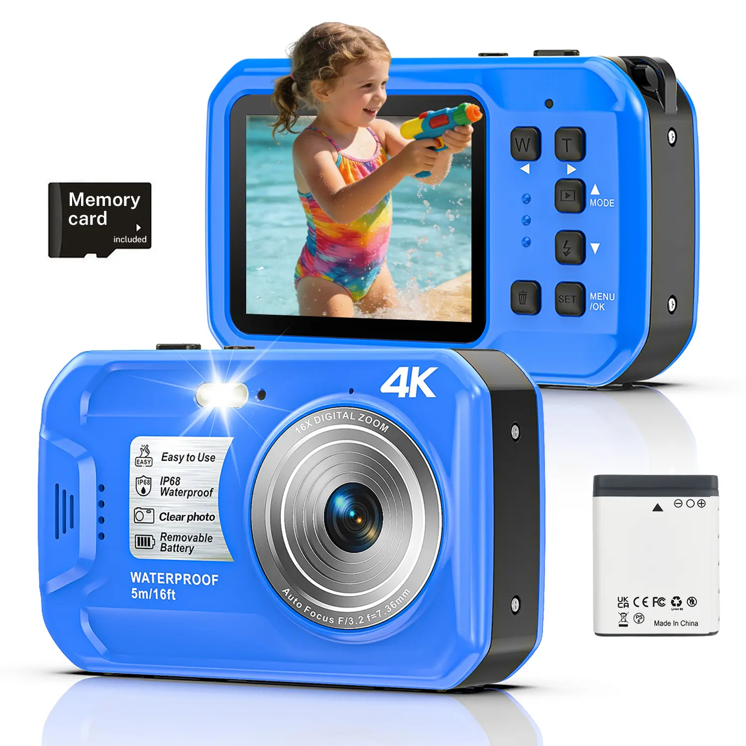 Waterproof Digital Camera, Autofocus Underwater Camera, IP68 16FT Waterproof Camera with Memory Card, Compact Vlog Camera for Snorkeling, Beach, Pool & Kids Travel Charging Rechargeable, tech gadget