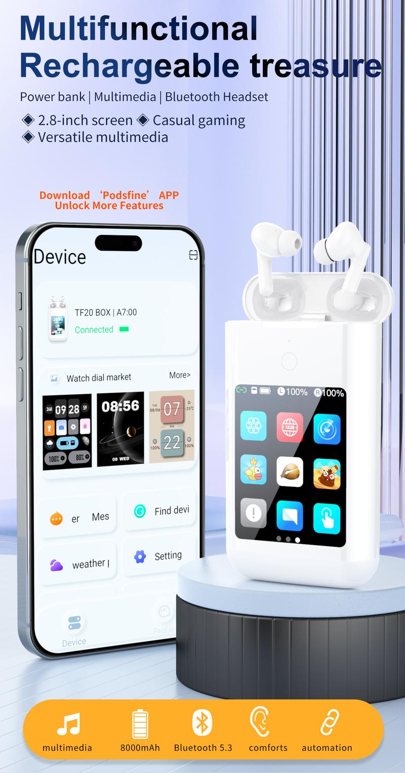 All-in-One Wireless Earbuds with Power Bank 2.8" Screen 4-in-1 Earbuds Game Console Flashlight HiFi Stereo Sound