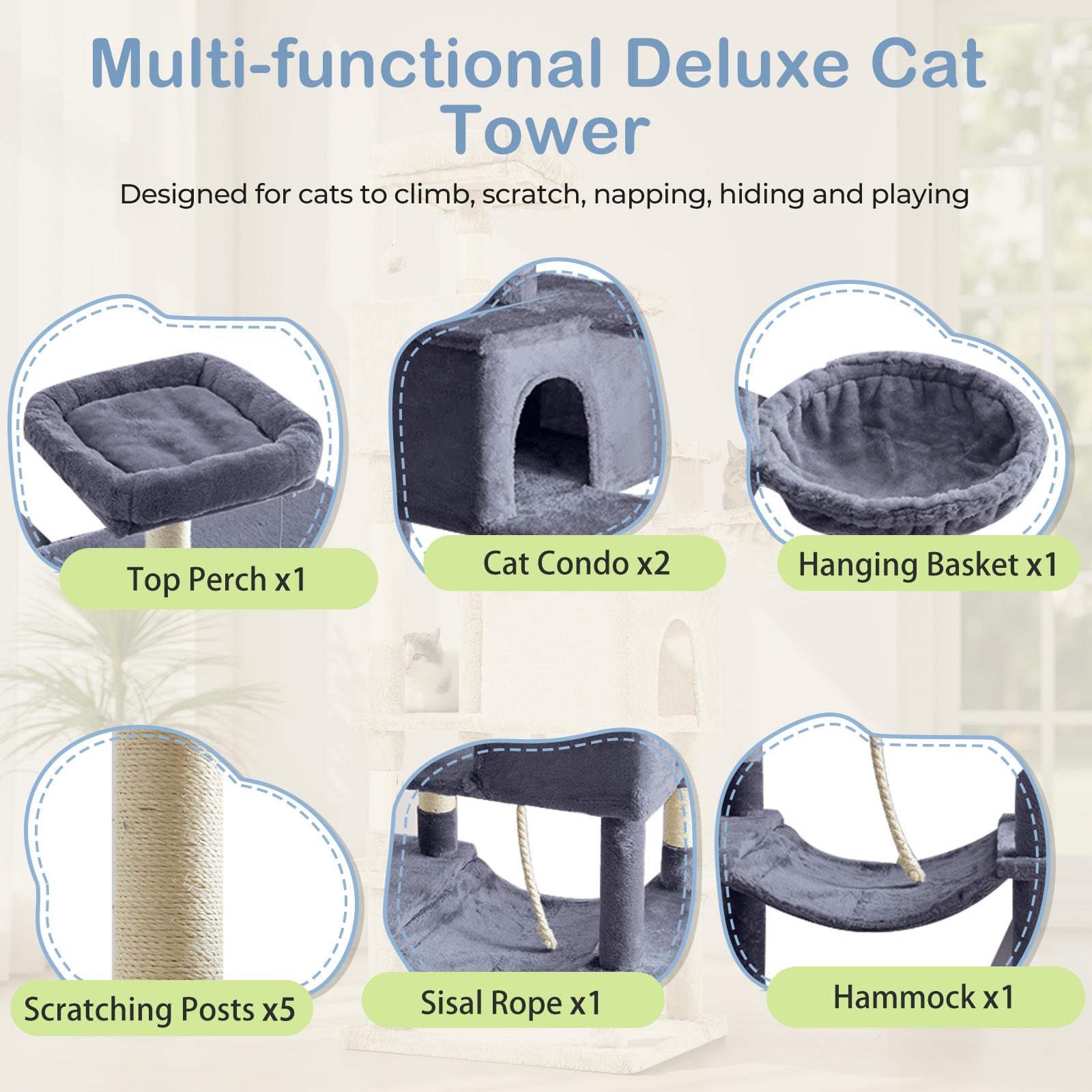 66 inch Large Cat Tree for Multiple Cats, Multi-Level Cat Tower with 2 Condos, 3 Perches, Hammock & Pompoms, Extra Wide Platform for Indoor Cats and Kittens Play