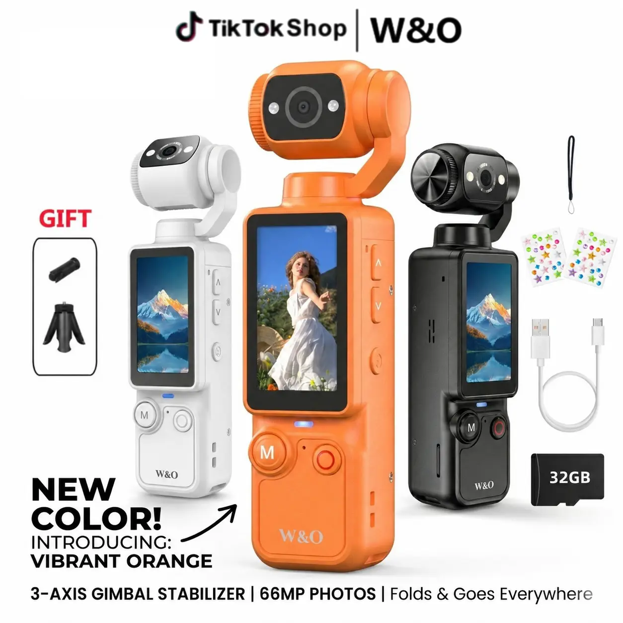 W&O Portable Handheld Camcorder with 180° Rotating Lens, Unisex Pocket Video Camera with LCD Screen, Built-In Battery, Card Support, Tripod Compatibility, USB Charging Cable, Rechargeable Compact Lightweight for Vlogging & Outdoor Adventures