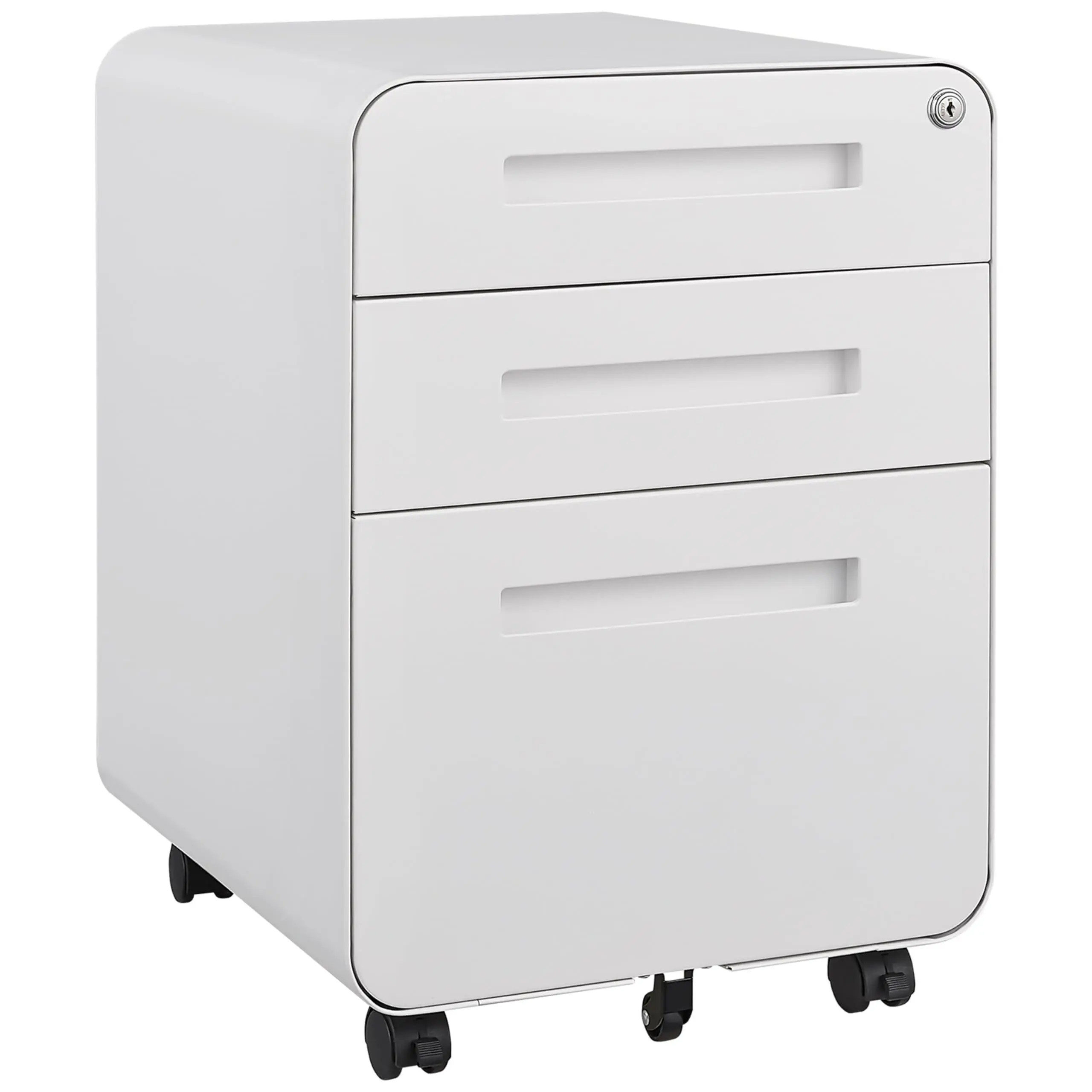 White 3 Drawer File Cabinet with Lock, Fully Assembled | Under Desk Mobile Metal Filing Cabinet for Home Office, 5 Wheel Anti-Tilt Rolling File Cabinets for A4/Letter/Legal Size