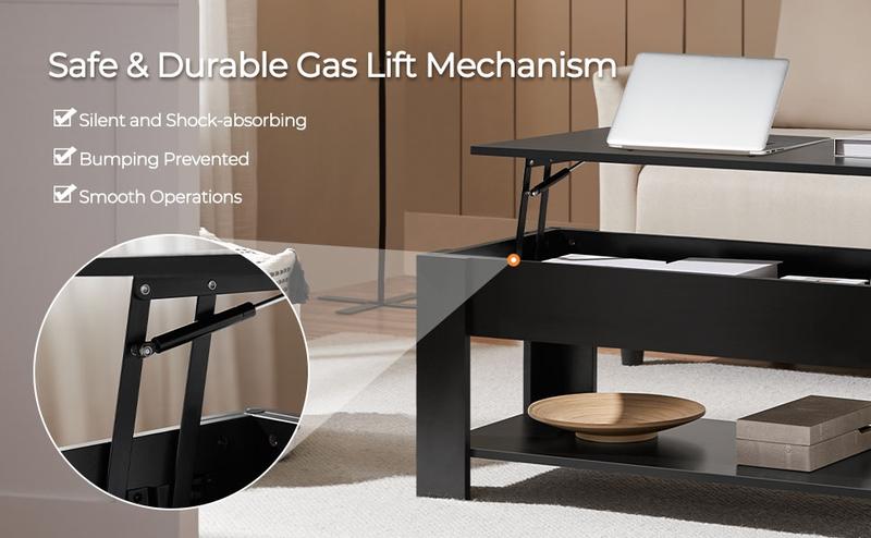 【On Sale】Yaheetech Lift Top Coffee Table Hidden Compartment & 2 Open Shelves Multipurpose Design Gas Lift  Small Space Friendly Living Room/Office/Home Use