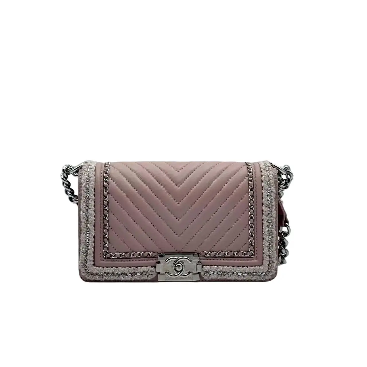 Pre-owned CHANEL H5 Pink Le Boy V Patterned Tweed Lace Limited Edition Crossbody Bag H19255, No, Crossbody Bags