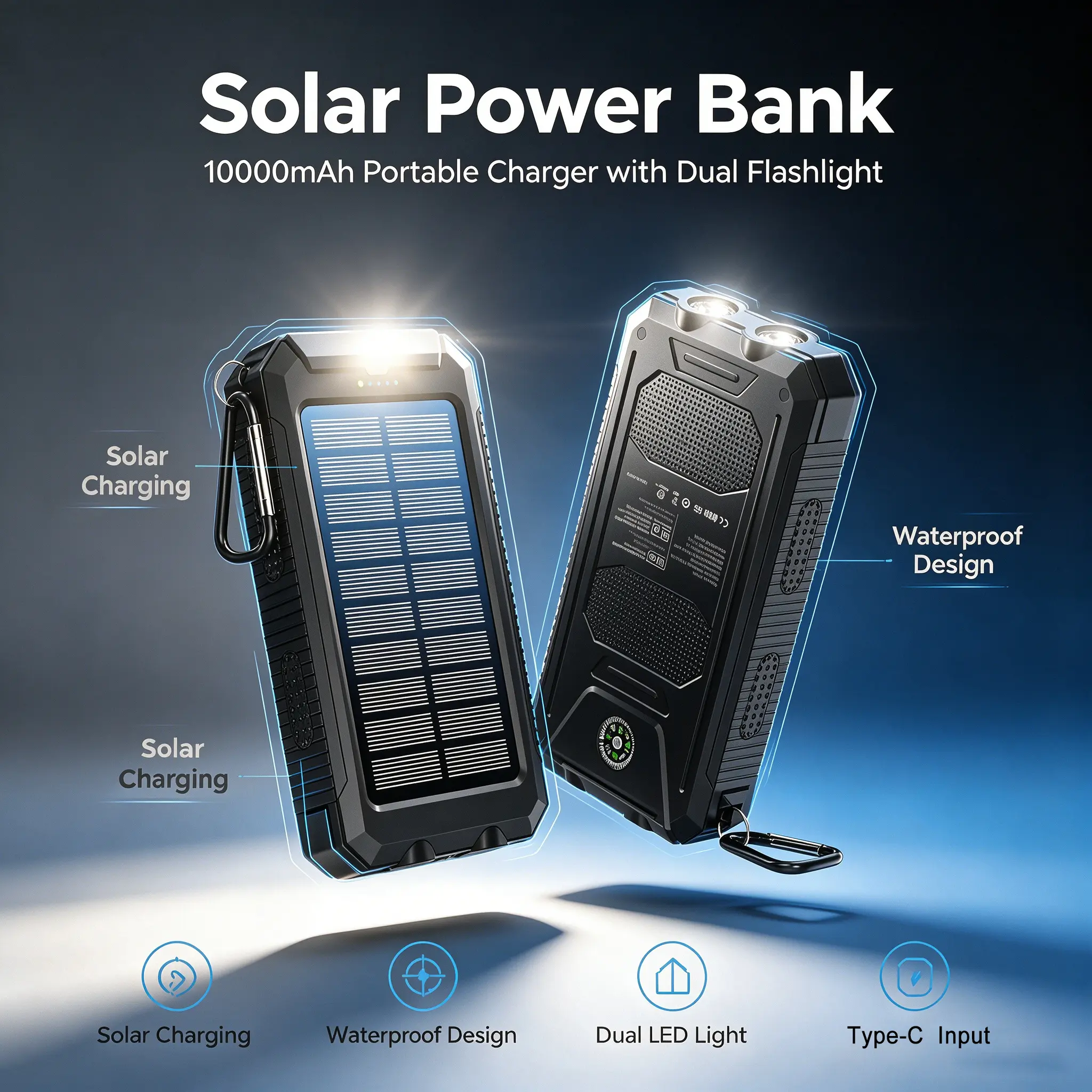 10000mAh Solar Portable Battery Power Bank, Type-C Input Waterproof Lightweight Charger with Dual Flashlight for Camping, External Mobile Phone Charger