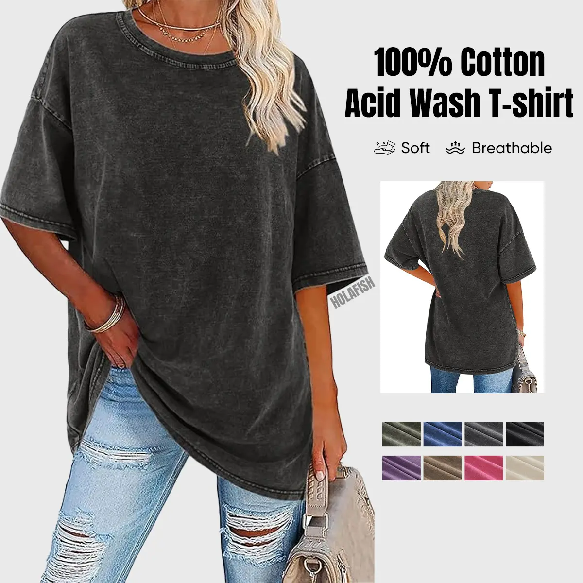 [Clearance]Holafish Women's Acid Wash T-Shirt - Short-Sleeve Tee Tops Oversized Baggy Streetwear Style Pullover, 100% Cotton Casual Top for Thanksgiving Outfits (Pair with Pants), Shortsleeve, Tshirt, Tee, Fabric, Jeans, Outdoors, Wardrobe Staples, Basic,