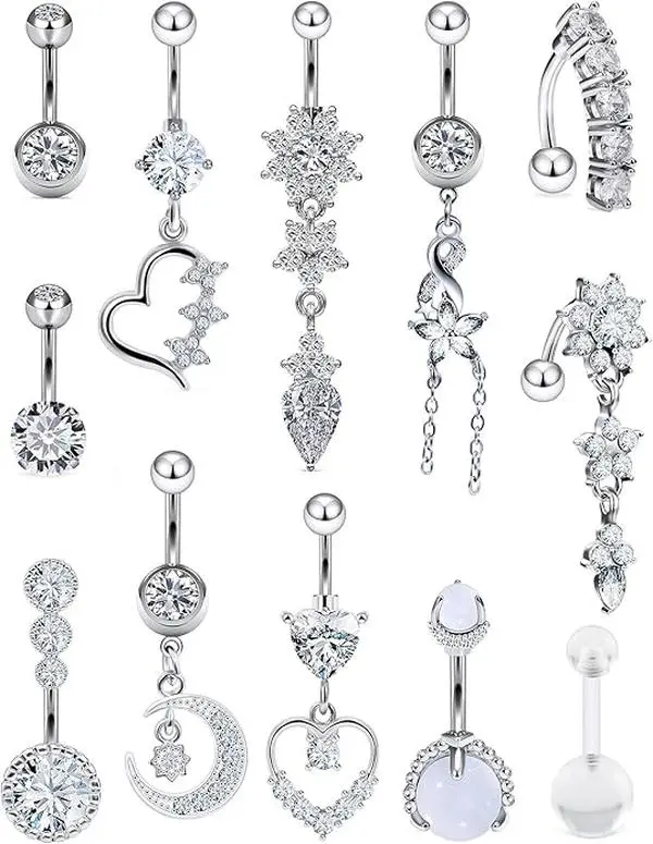 12PCS 14G Dangle Belly Button Ring Piercing Jewelry 316L Stainless Surgical Steel Heart Flower CZ Reverse Navel Rings Dangling Belly Button Ring Piercing Jewelry for Women 14 Gauge Hypoallergenic
