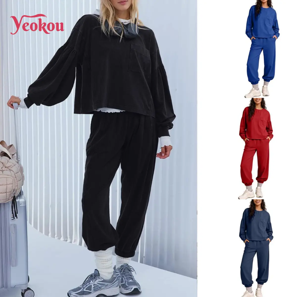 Yeokou Women's Casual Sporty Set, 2-Piece Cotton Athletic Yoga Outfit with Loose-Fitting Long Sleeve Crew Neck Top and Pants, Athletic Yoga Set, Activewear Workout Set