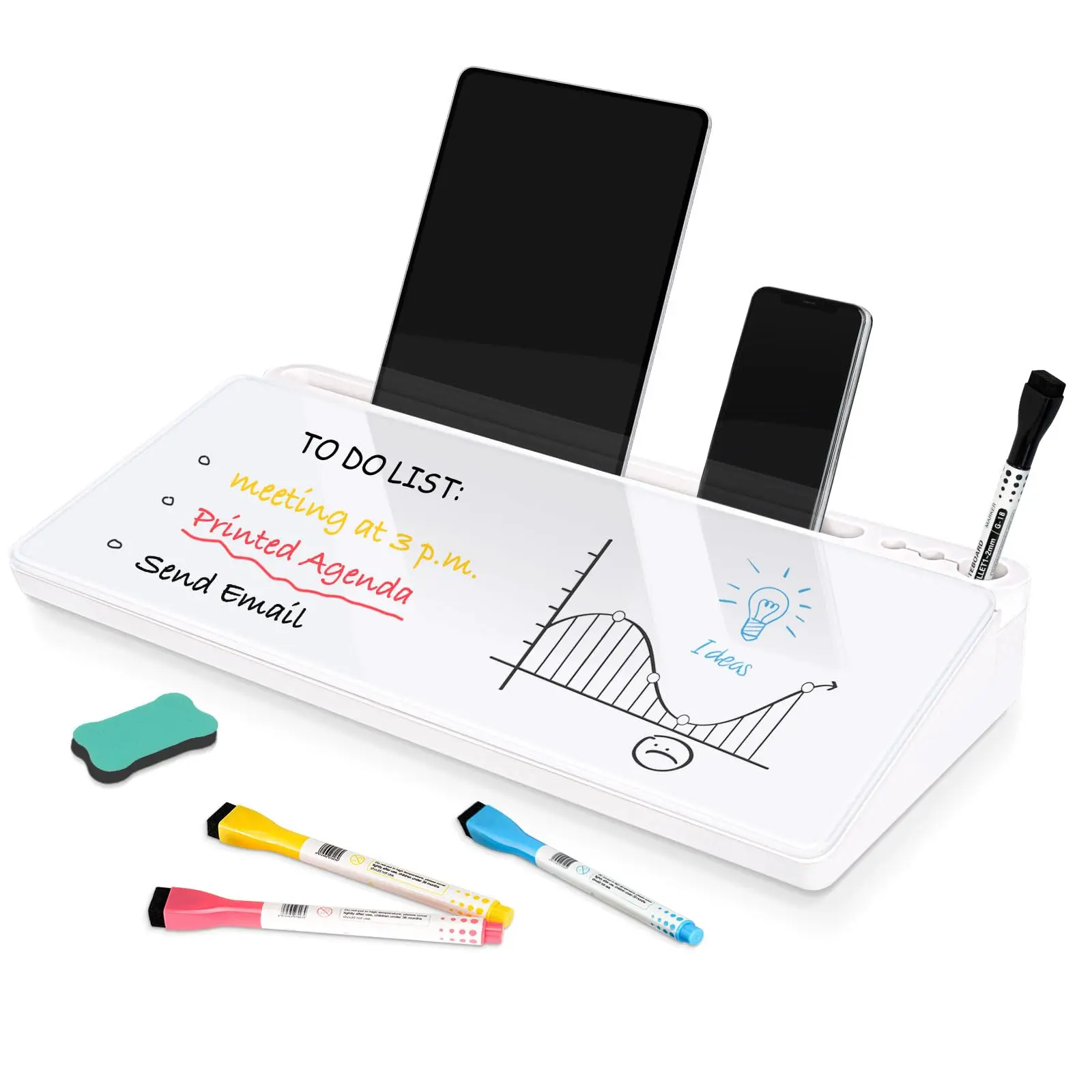 15.8in x 7in Tempered Glass Desk Whiteboard with Ergonomic Angled Stand, Storage Drawer, Extra Slots, 4 Markers, 1 Eraser, Compact Size, Storage Organization, Neat Desk, Paper Reduction, Reduced Cervical Pressure for Home Office Easy Maintenance