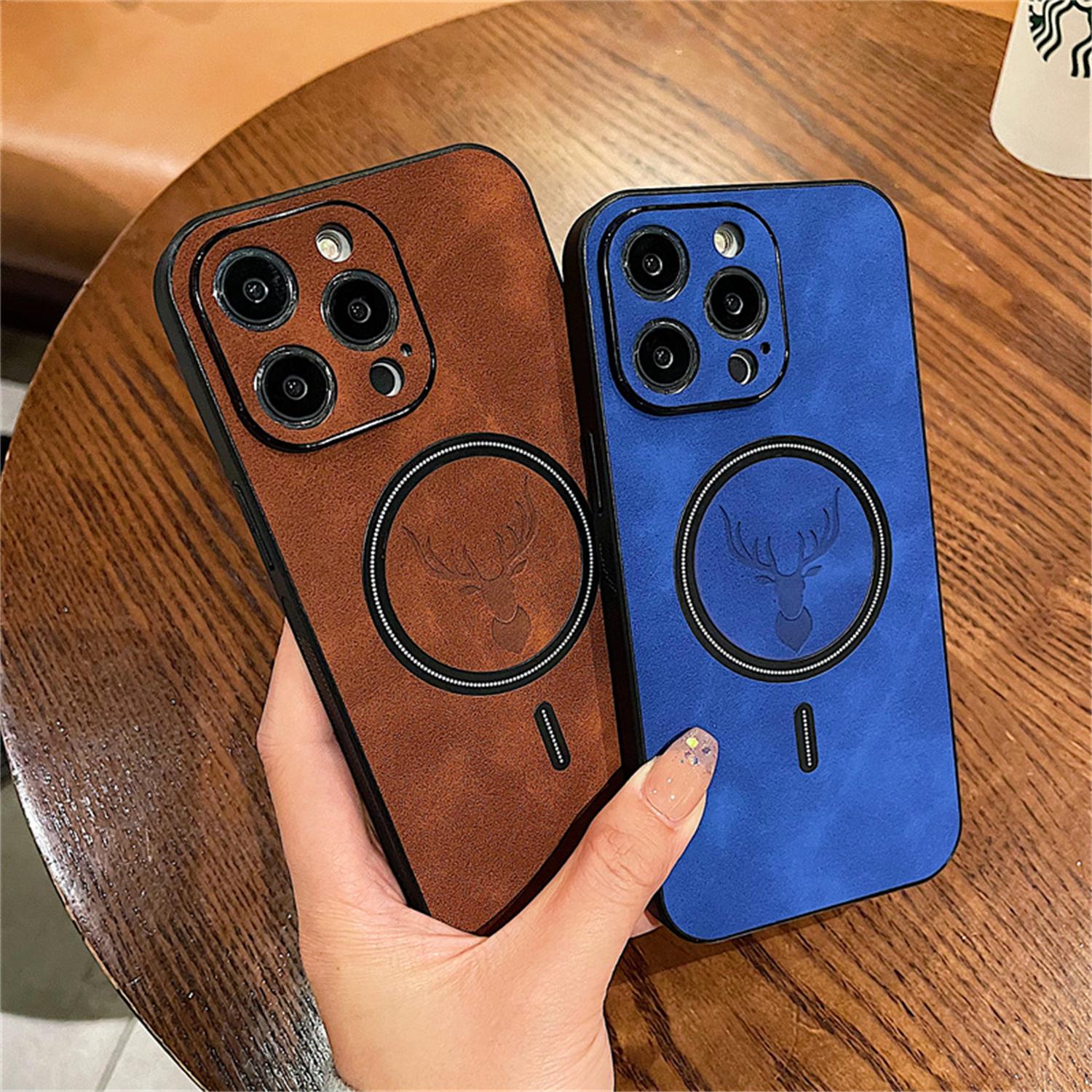 Luxury PU Leather Elk Deer Case For iPhone 17 Pro Max 17 Air 16 15 14 13 12 11 Pro Max,For Magsafe Wireless Charge Cover,Anti-Scratch Camera Protection