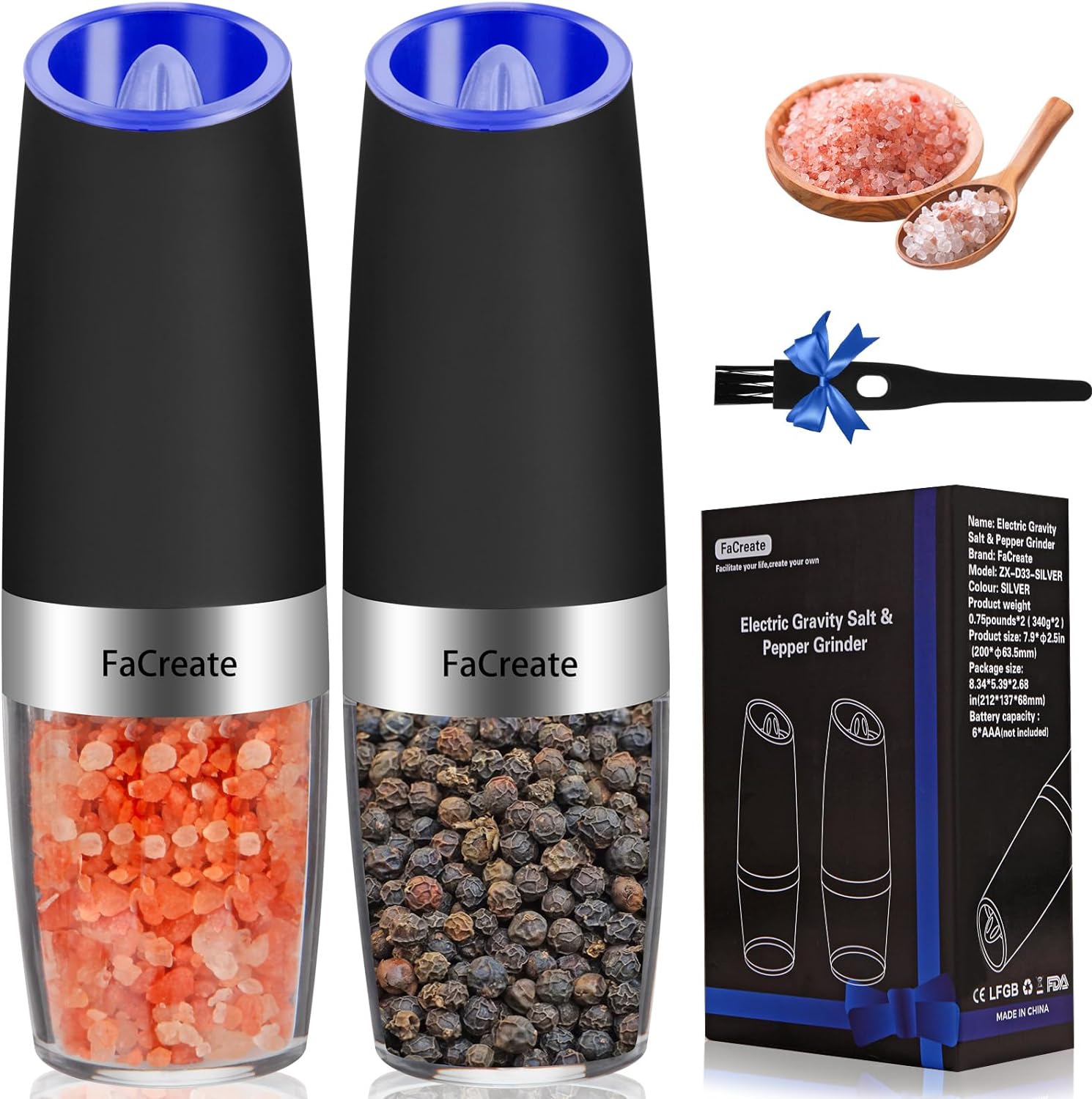 Gravity Electric Salt and Pepper Grinder Set,Automatic Operation Electric Salt and Pepper Shakers Set，Battery Powered Adjustable Coarseness Pepper Mill