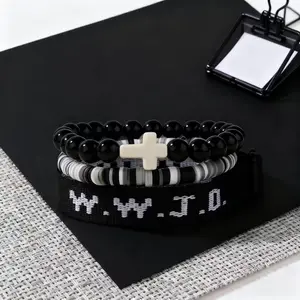 3PCS WWJD Christian Bracelet Set – Stackable Beaded Bracelets with Cross Charm, Inspirational Jewelry for Women & Men, Perfect Valentine’s Day & Holiday Gifts for Faithful Souls