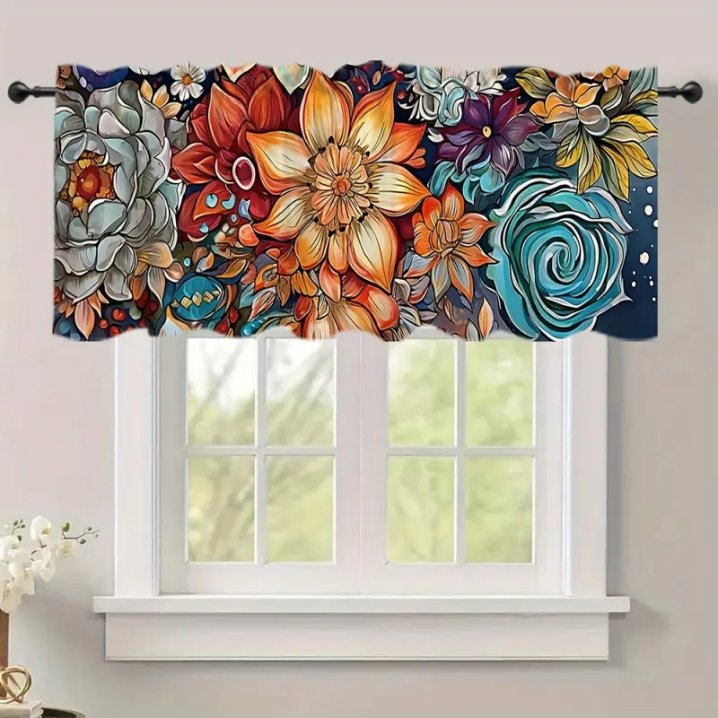 Bohemian Theme Window Curtain, Art Flower Printing Decorative, Modern Abstract Style, Suitable for Cafe Living Room Kitchen Restaurant Holiday, Short Curtain Decoration, Using Polyester Fabric Supplies Foldable Colorful Divider