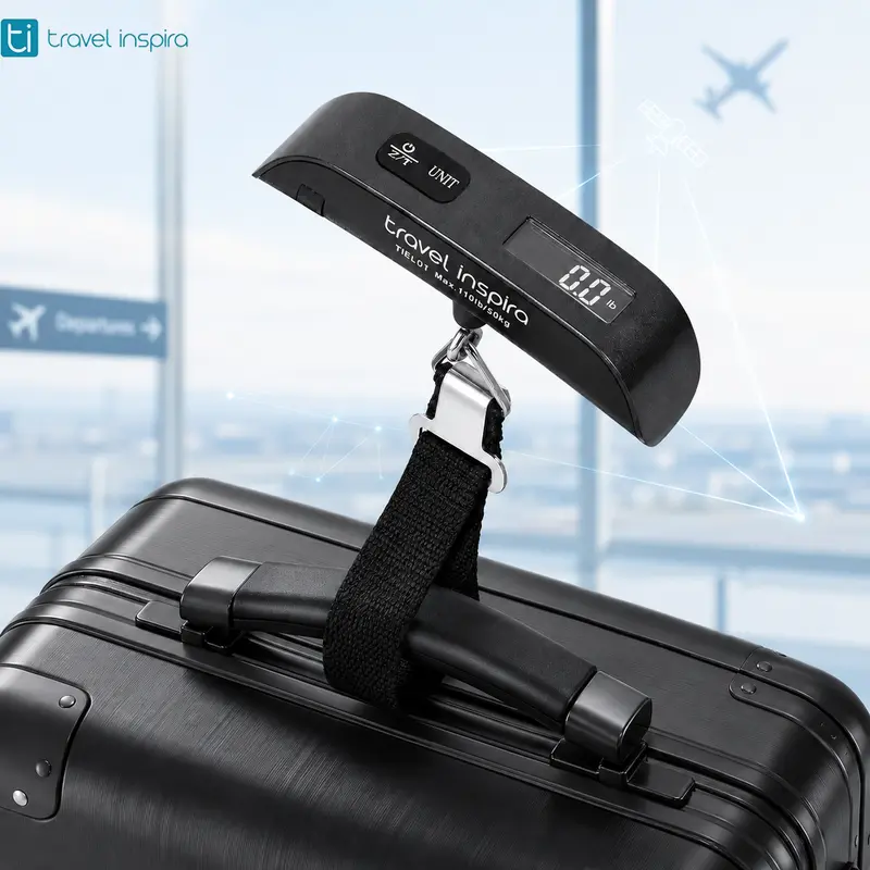 travel inspira Digital Luggage Scale with Temperature Sensor, 110lbs Hanging Rubber-Strap Baggage Weighing Tool with Hook, Backlit LCD, Portable, Accurate, Included Battery, Travel Essentials, DealsForYouDays