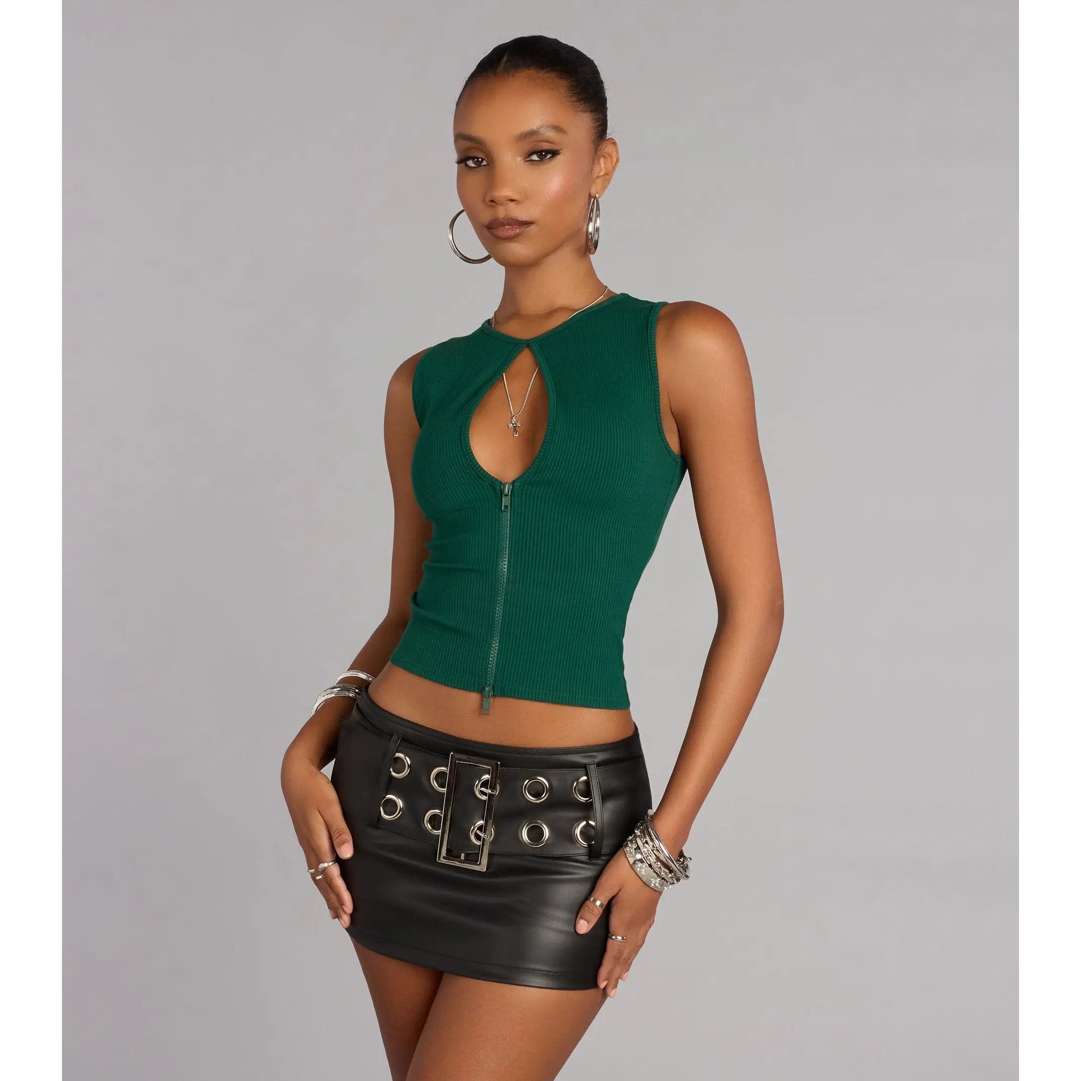Edgy Everyday Ribbed Knit Zip-Front Top