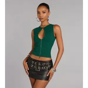 Edgy Everyday Ribbed Knit Zip-Front Top