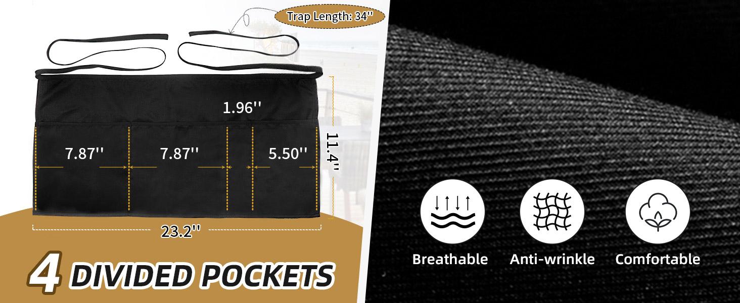 YUANBANG Waterproof Apron with 4 Deep Pockets, Adjustable Ties, 23.5'' x 11.5'' – Unisex Server Bib, Classic Fit – 1-Pack or 3-Pack, Black or Red